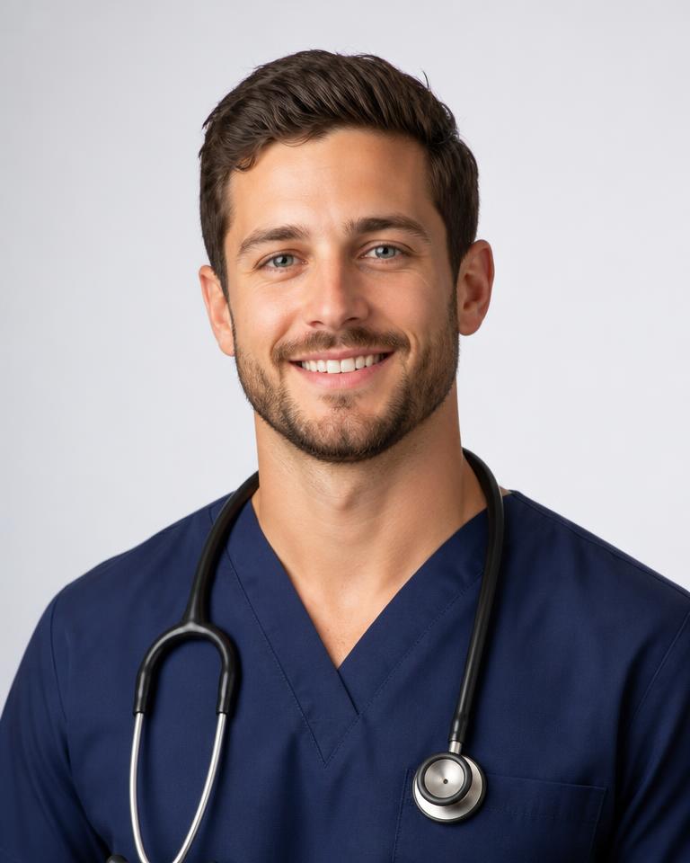 AI generated headshot of a doctor in medical scrubs