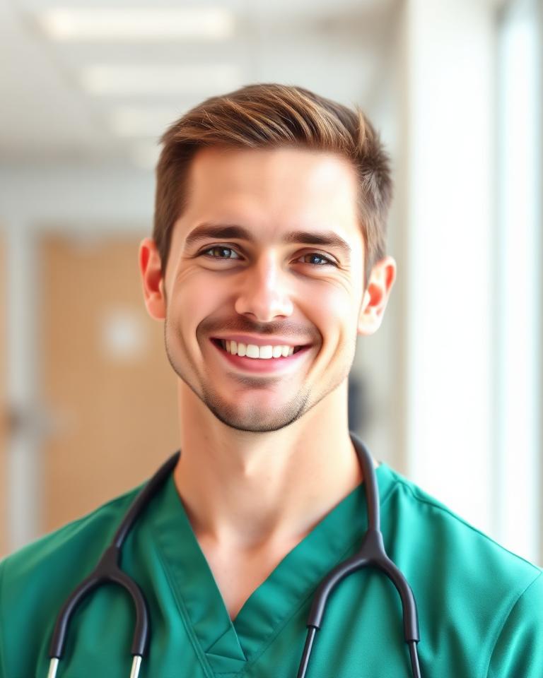 Pediatrician headshot in soft clinic lighting