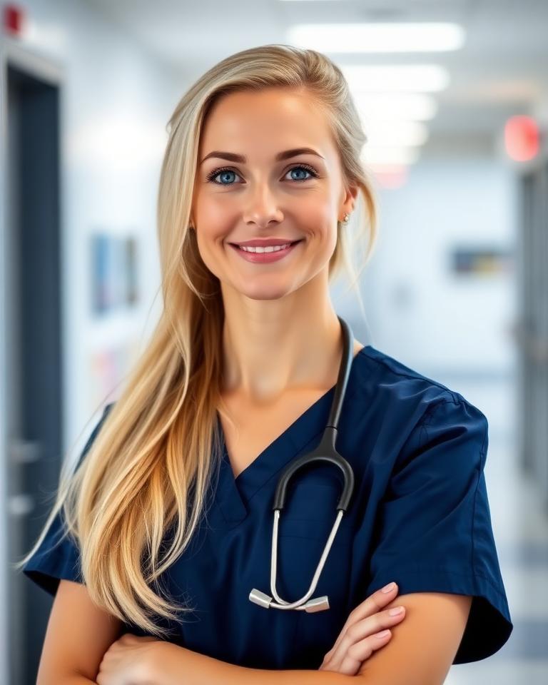 ER physician headshot in navy scrubs